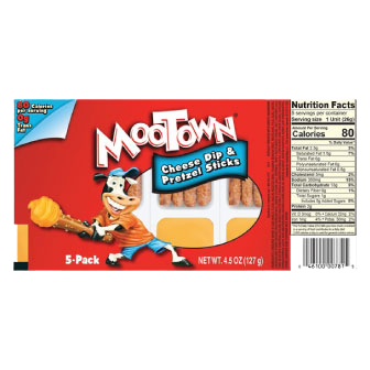 Mootown Cheese Dip with Pretzel Sticks, confectionery snack featuring creamy cheese dip and crunchy pretzels.