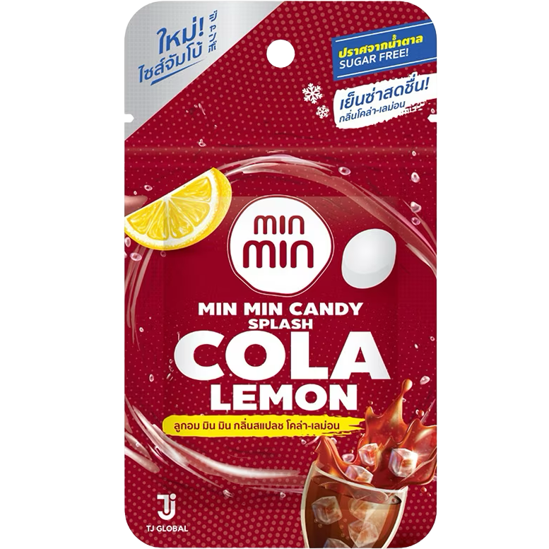 Min Min Cola Lemon Candy confectionery snack with bright yellow and red packaging featuring lemon and cola flavor illustrations.