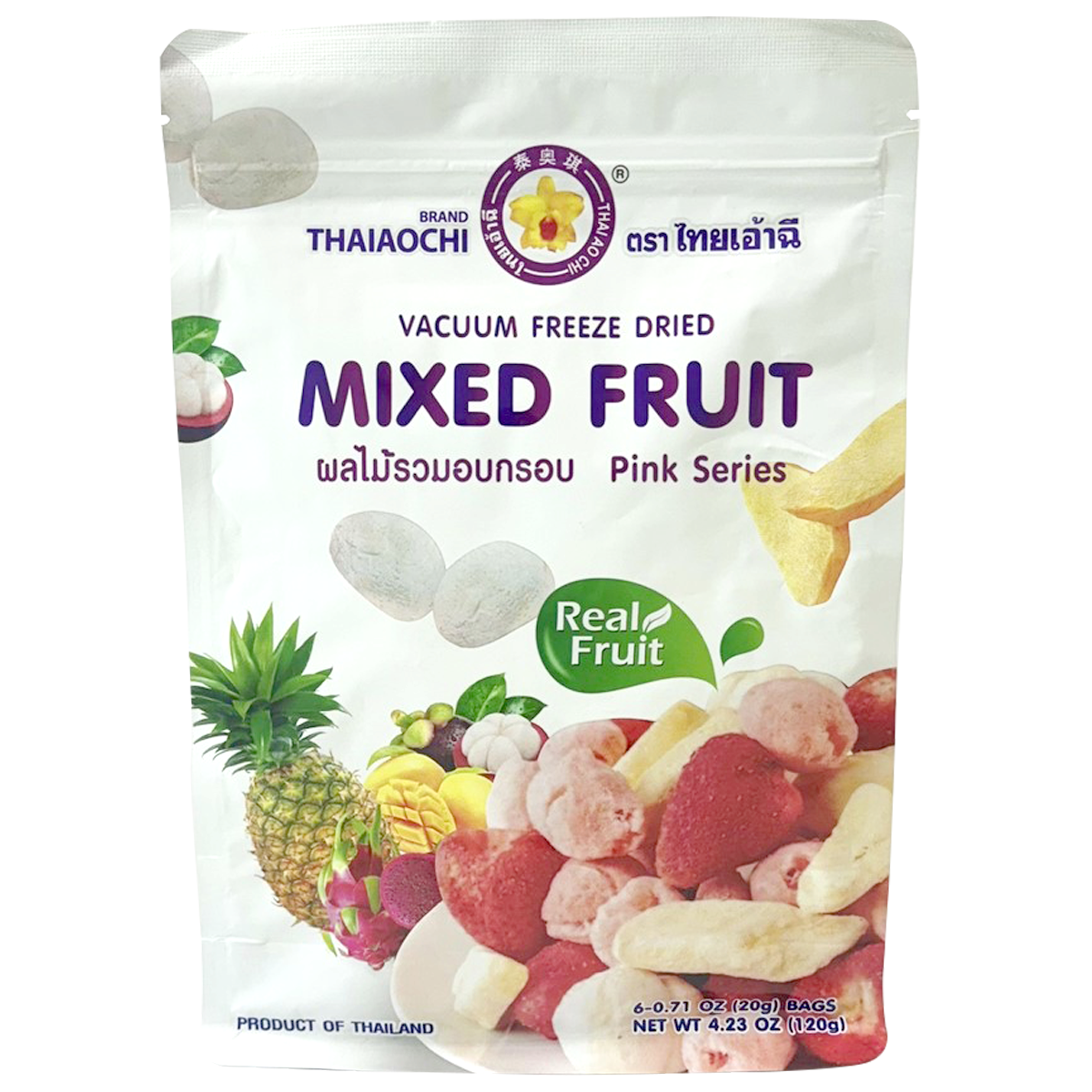 Thaiaochi Mixed Fruit Pink Series confectionery snacks featuring colorful, fruit-flavored candies in vibrant pink packaging.