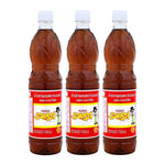 Ruamros Mix Fish Sauce bottles, 700ml each, in a set of three, shown in clear glass bottles with labels, on a grocery shelf.