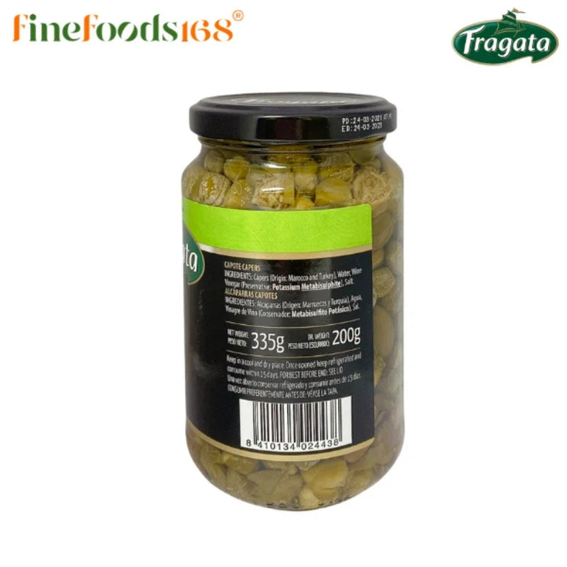 Canned Fragata capers in brine jar, showing the label and capers inside, suitable for culinary use in dry grocery shopping.