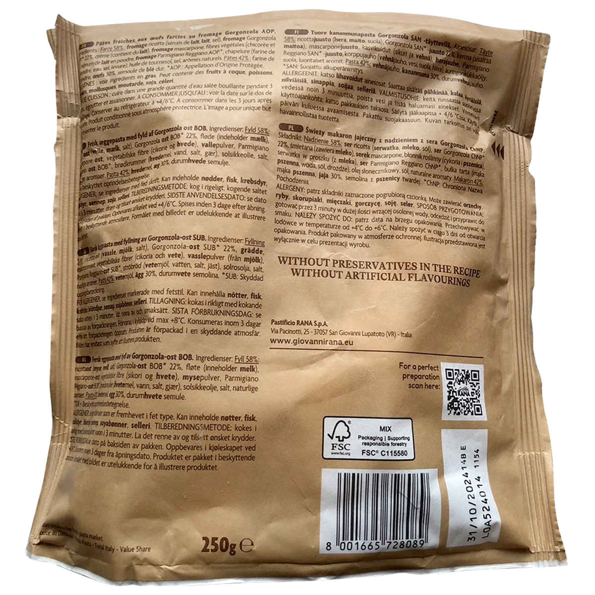 Giovanni Rana Gorgonzola Ravioli packaging with ravioli pasta and Gorgonzola cheese flavor, in a grocery product image