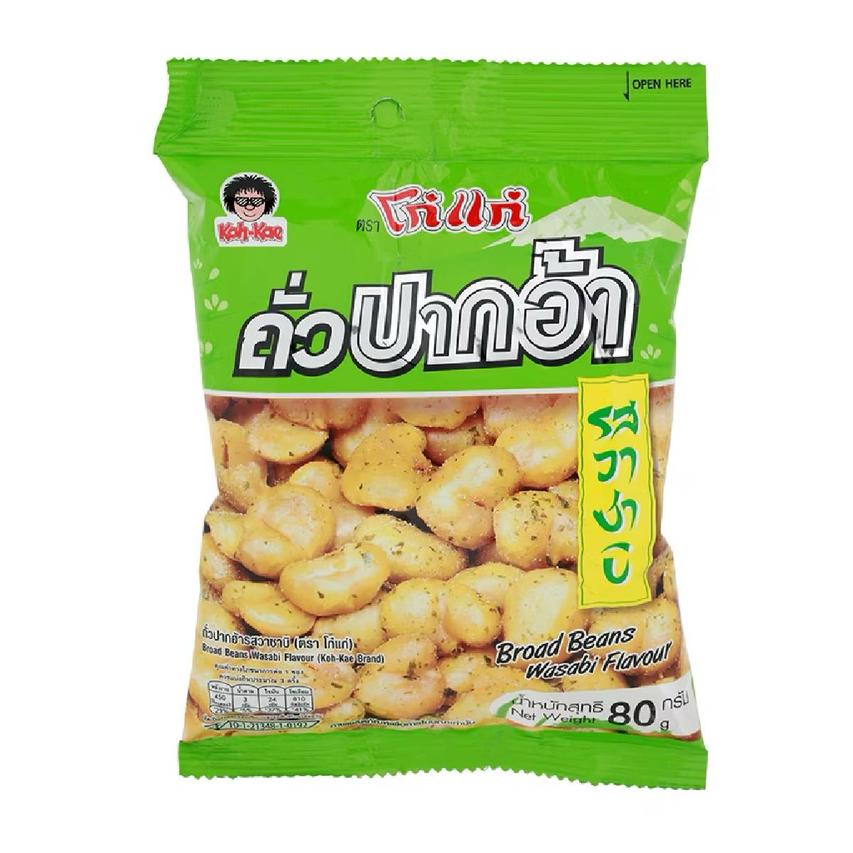 Kohkae Wasabi Flavored Broad Beans, crunchy confectionery snack with spicy wasabi coating, in a bright package.