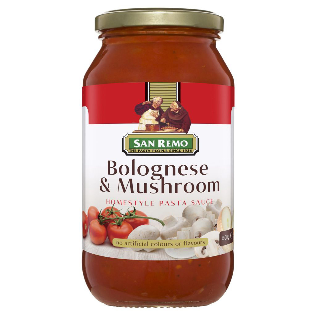 San Remo Bolognese & Mushroom grocery pack with pasta and sauce ingredients in a clear container.