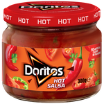 Doritos Hot Salsa in a jar, 99% fat-free, with vibrant red color and fresh ingredients visible inside the container.