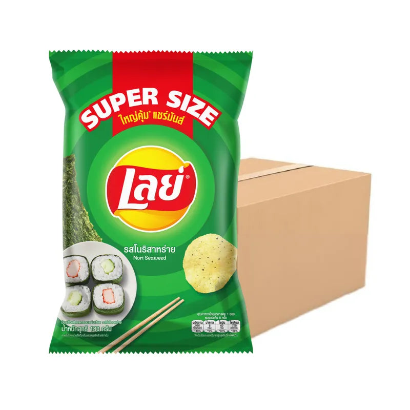 Lays Classic Nori Seaweed snacks in 180g packs, showing crispy seaweed sheets with a savory flavor, perfect for snack lovers.