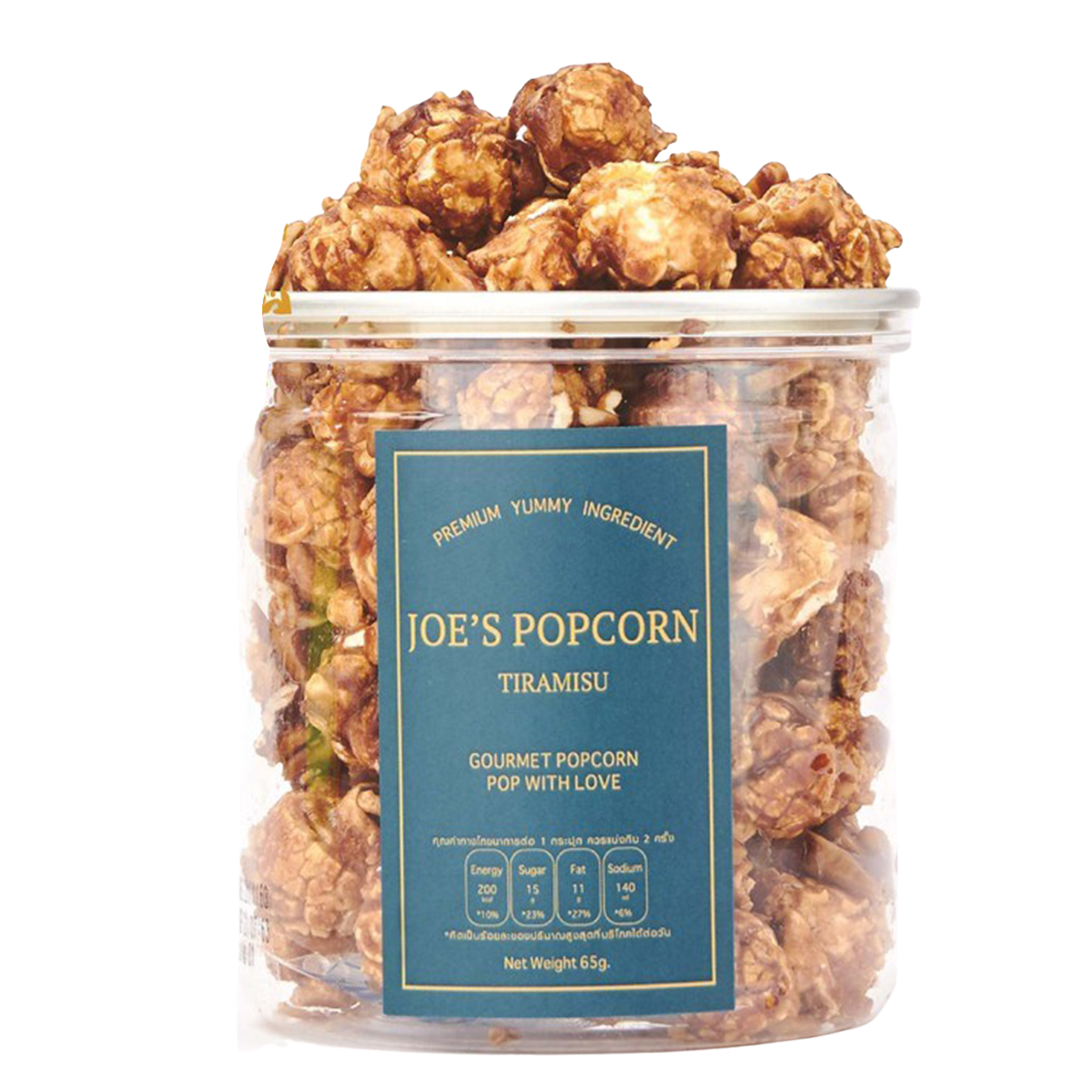 Cute Popcorn Tiramisu confectionery snack in a clear bowl, showcasing the creamy coffee-flavored popcorn treat.