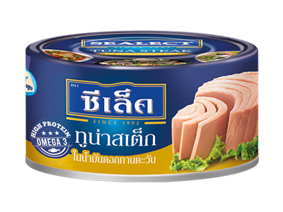Canned Sealect Tuna Steak in sunflower oil, ready to eat, showing the tuna chunks inside the sealed can.