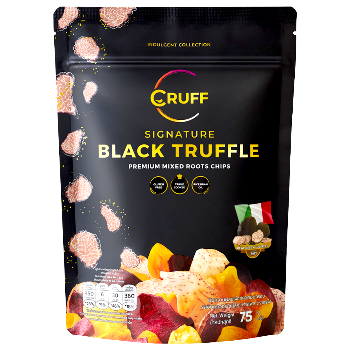 Cruff Mixed Root Chips with Black Truffle flavor, showcasing crispy snack chips in a colorful package with black truffle accents.