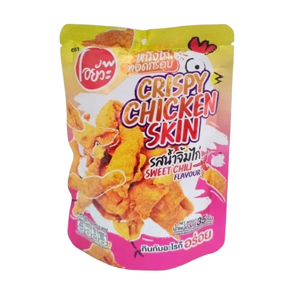 O-YUA Crispy Chicken Skin Snack with Sweet Chili Flavor in 35g package, showing the crunchy chicken skin coated with sweet chili sauce