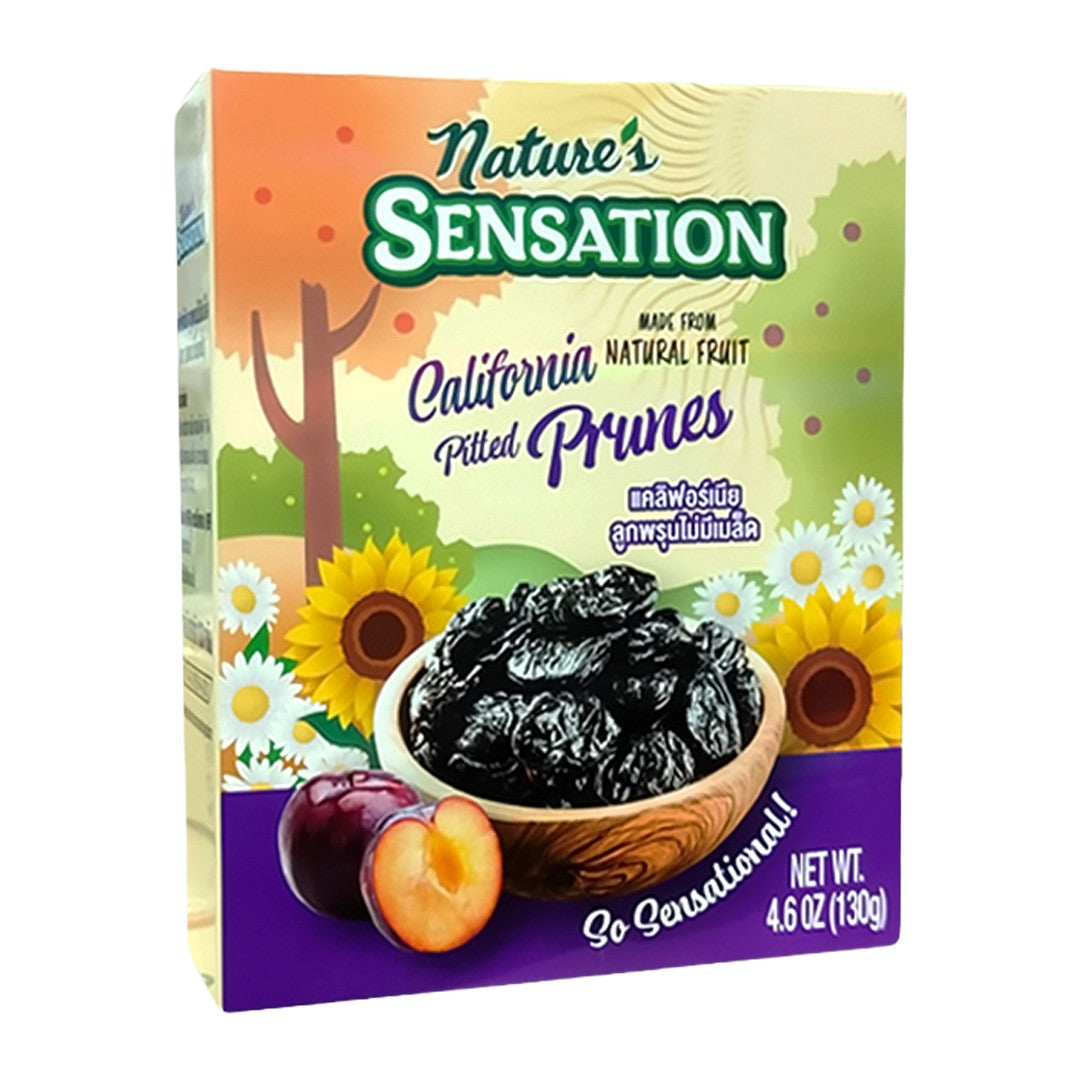 Dried California pitted prunes from Nature's Sensation, a healthy confectionery snack featuring dark, wrinkled fruit on a white background.