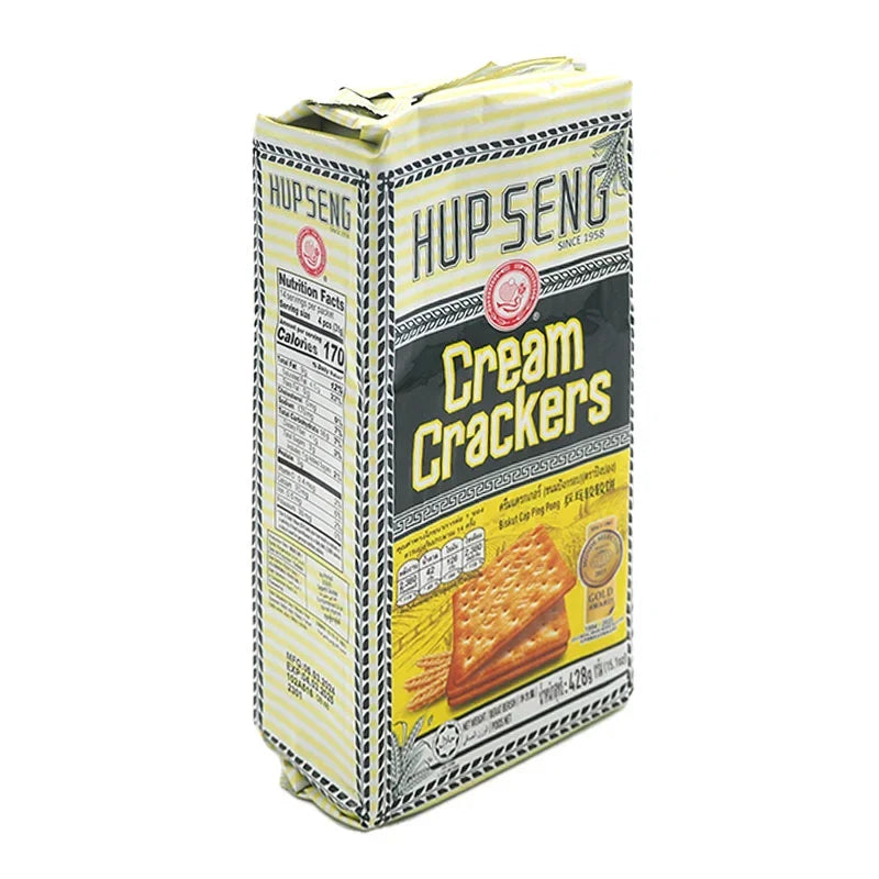 HUP Seng Cream Crackers in 428g package, dry grocery snack with crispy, golden crackers stacked together.