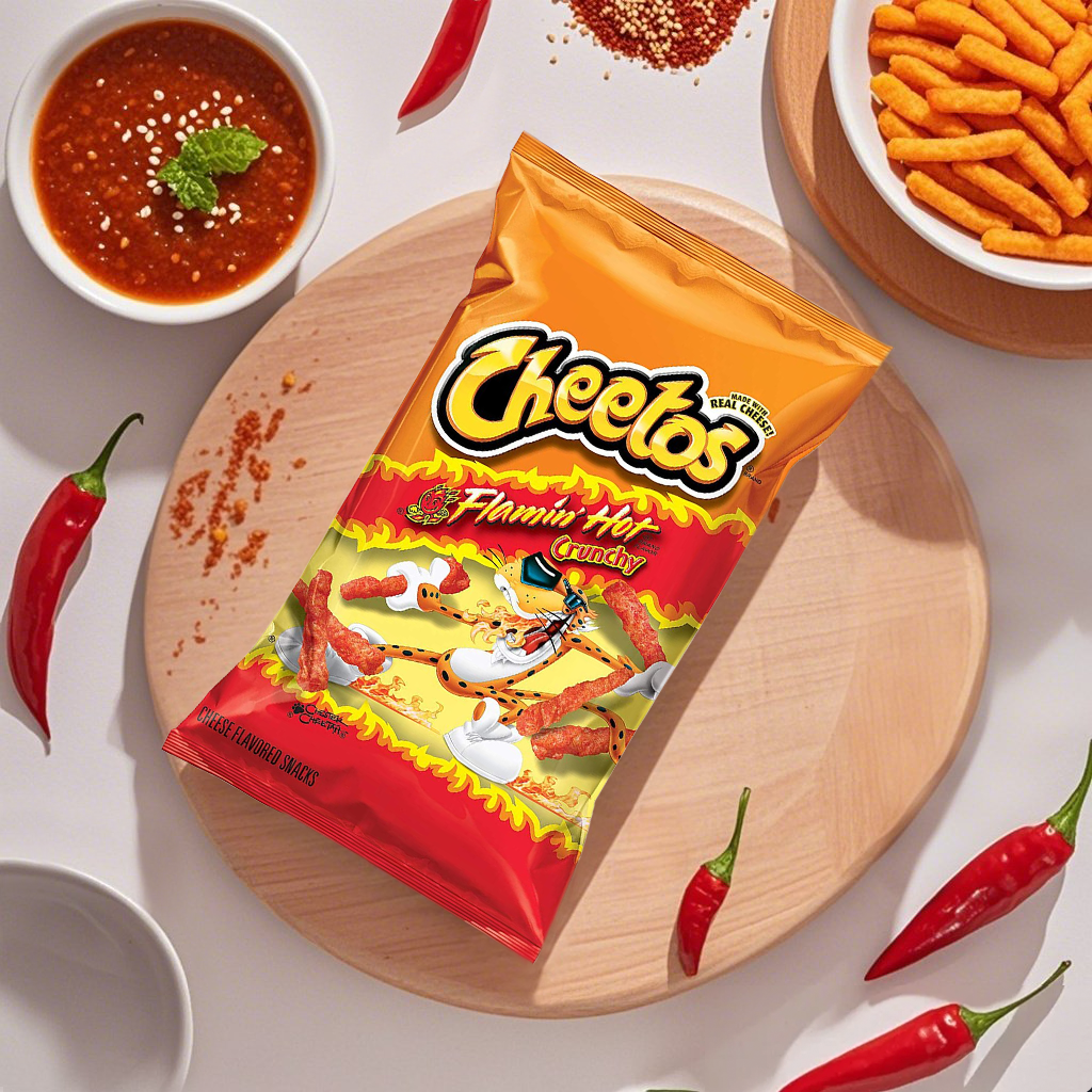 Cheetos Flamin' Hot Crunchy Cheese Snack in bright orange bag, spicy crunchy cheese snack from Cheetos.