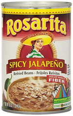 Spicy Rosarita refried beans in a grocery can, showcasing the label and creamy texture inside