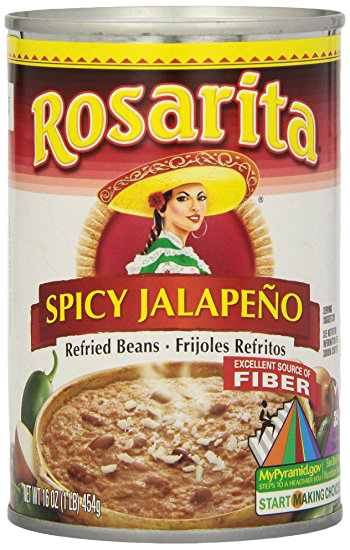 Spicy Rosarita refried beans in a grocery can, showcasing the label and creamy texture inside