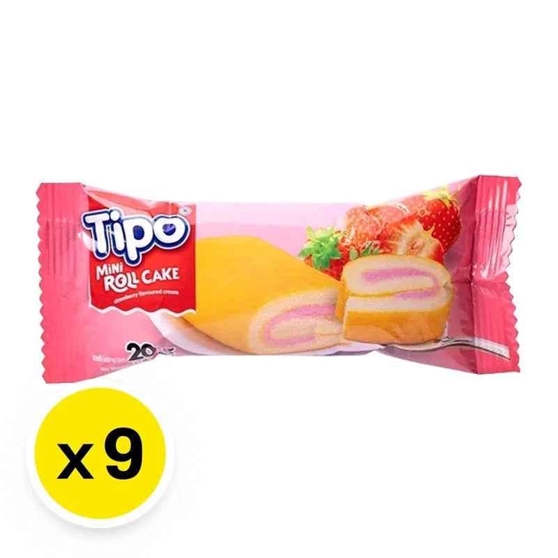 Tipo Mini Roll Cake Strawberry 20g, individual dry grocery snack with a strawberry-flavored sponge roll and creamy filling.