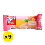 Tipo Mini Roll Cake Strawberry 20g, individual dry grocery snack with a strawberry-flavored sponge roll and creamy filling.