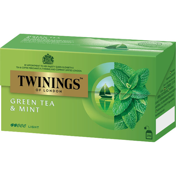 Twinings Green Tea with Mint in a clear glass mug, showcasing its vibrant green color and fresh mint leaves.
