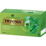 Twinings Green Tea with Mint in a clear glass mug, showcasing its vibrant green color and fresh mint leaves.