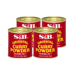 Four cans of S & B Oriental Curry Powder in 85g packaging, shown stacked with labels visible on each can.
