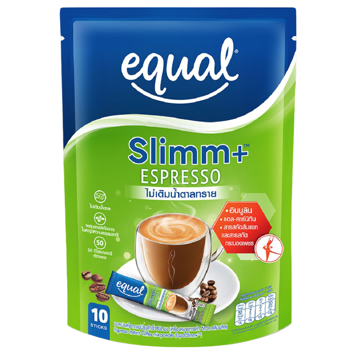 Equal Espresso Instant Mix Slim drink powder in a glass, showcasing the product's packaging and prepared espresso beverage