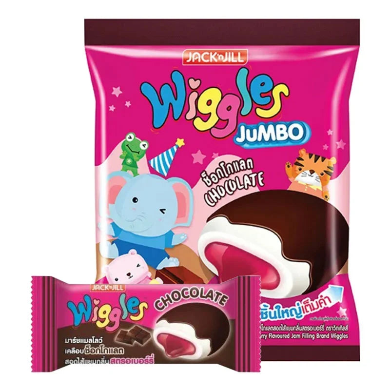 WIGGLES Wiggles Mallow Chocolate snack in 4.5g packet, soft marshmallow treat coated with chocolate, suitable for dry grocery and confectionery.
