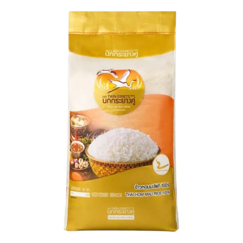 Nokkrayangkoo Double Egret Jasmine Rice from Yasothon, 100% authentic Thai jasmine rice in a clear bag.
