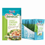 Benecol Caesar salad dressing in 50g sachets, dry grocery product, with creamy Caesar flavor in individual packets.