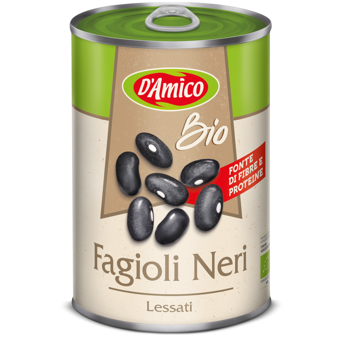 D'Amico Organic Black Beans in a grocery package, showing fresh black beans inside a clear container.