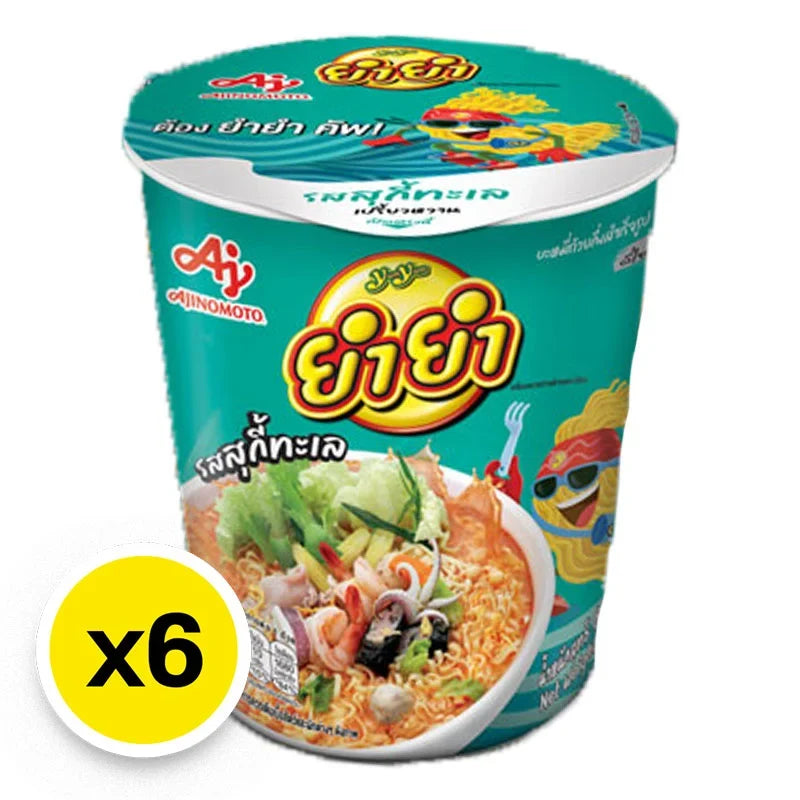 Yumyum Cup Instant Noodles Suki Seafood flavor, 60g, shown in a sealed cup with seafood ingredients on the packaging.