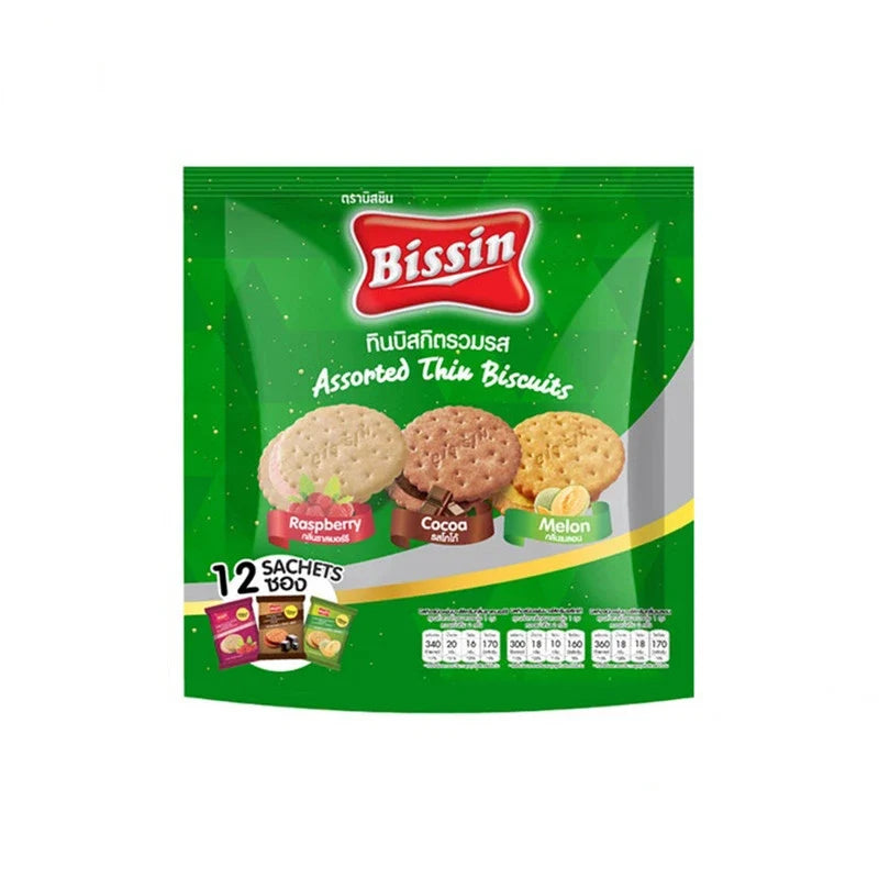 BISSIN Tin Mixed Flavor Biscuits Packets, 210g, featuring assorted dry grocery biscuits in a sealed tin container.