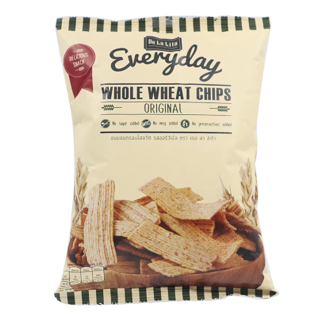 De La Lita Whole Wheat Chips Original, crunchy snack with whole wheat, served in a bowl, close-up shot.