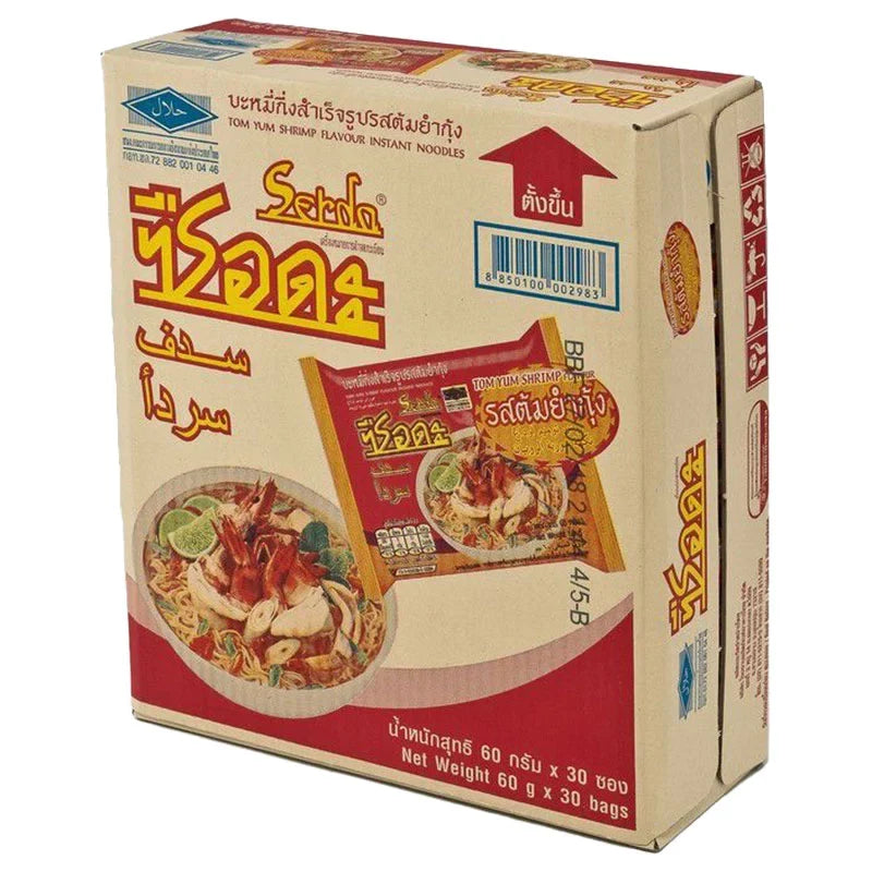 Serda Tom Yum Kung drying spice mix, 60g x 30 packs, Thai flavor for cooking, in a colorful package.