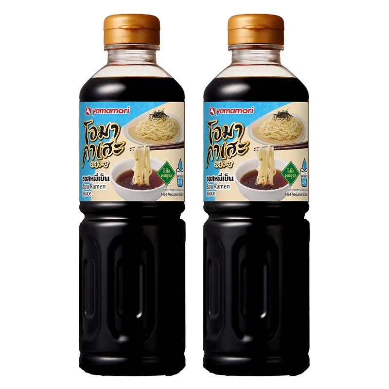 Omakase Zaru Ramen Sauce 500ml bottles, two-pack, in a clear image showing the product labels and packaging for dry grocery.