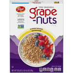 Bowl of Post Grape-Nuts cereal with milk, close-up view showcasing crunchy wheat and barley flakes.