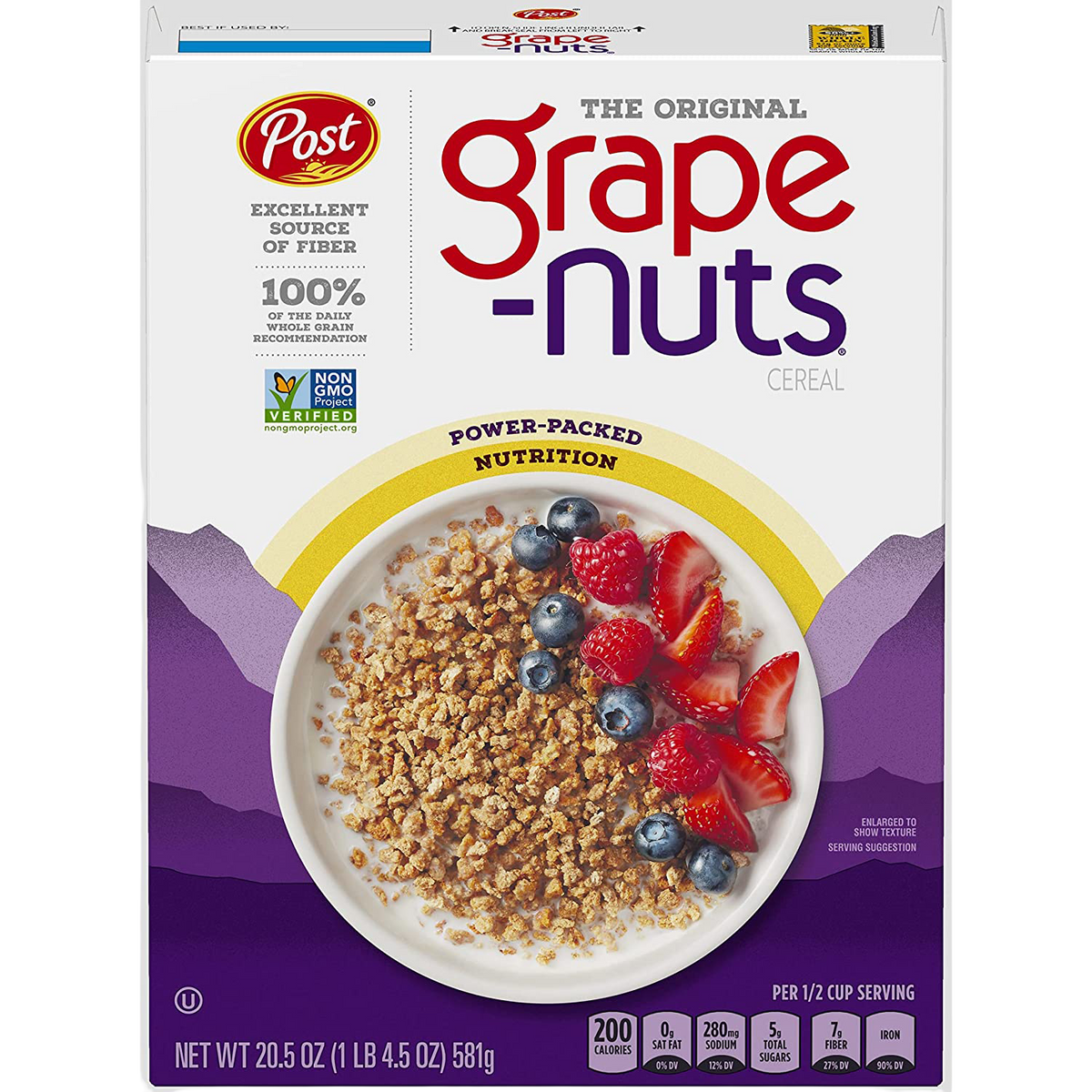 Bowl of Post Grape-Nuts cereal with milk, close-up view showcasing crunchy wheat and barley flakes.