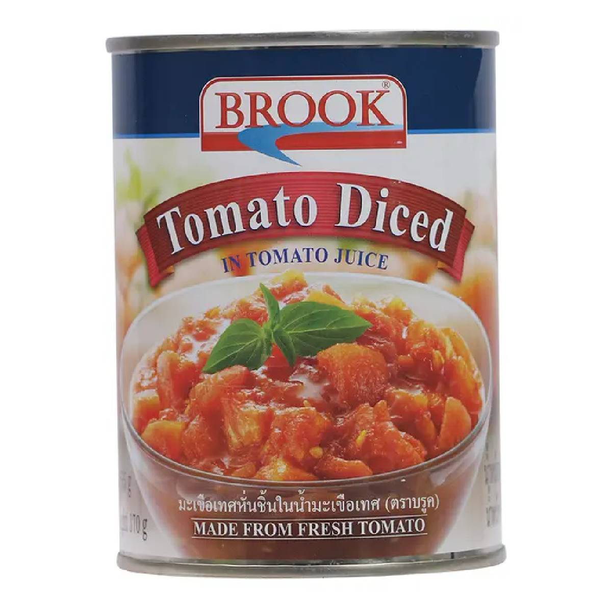 Canned Brook diced tomatoes in tomato juice, ready for cooking or adding to recipes in a grocery store setting.
