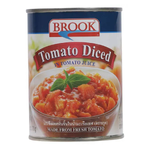Canned Brook diced tomatoes in tomato juice, ready for cooking or adding to recipes in a grocery store setting.