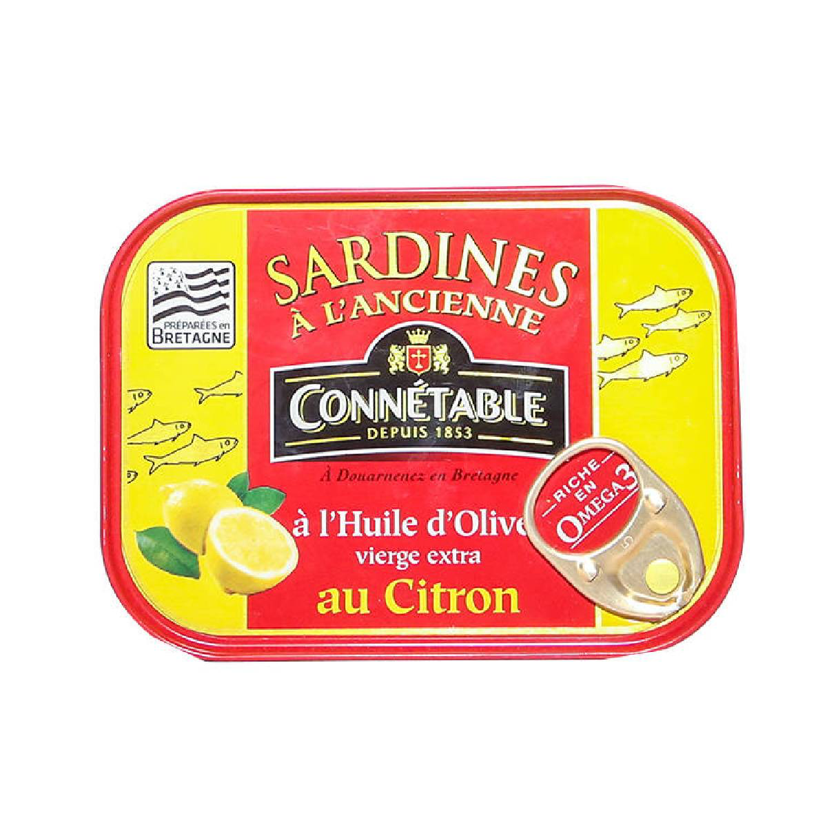Canned Connetable sardines in virgin olive oil with lemon, displayed in a tin can on a white background.