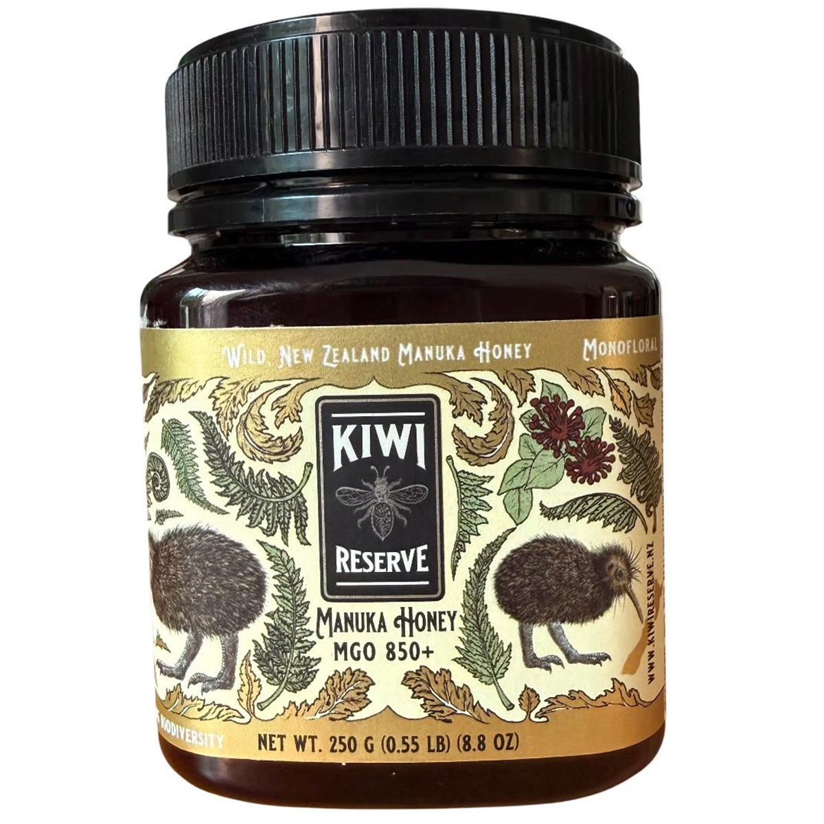 Jar of Kiwi Reserve NZ Monofloral Manuka Honey MGO 850+ with golden honey and label showing MGO 850+ for natural health benefits.