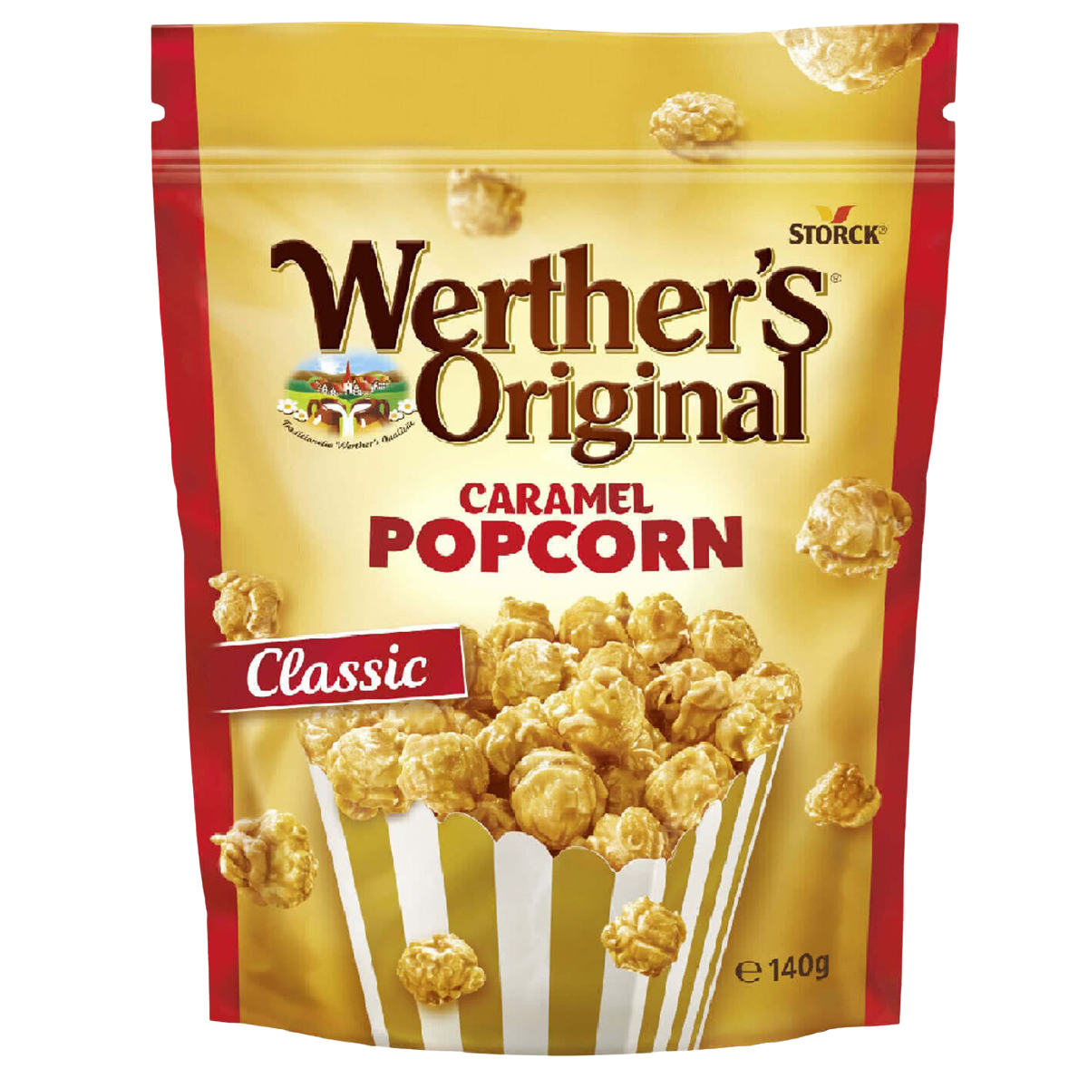 Werther's Caramel Popcorn Classic, a confectionery snack with golden caramel-coated popcorn in a bowl.