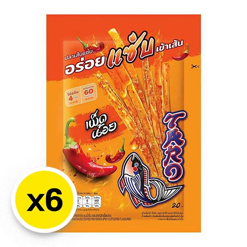TARO spicy cuttlefish flavored taro sauce coated fish snack, 18g x6, dry grocery snack with crunchy texture and bold seafood flavor.