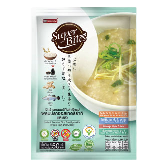 Super Bites rice porridge with teriyaki ginger flavor in a grocery product image, showing the prepared dish with rice and ginger sauce.