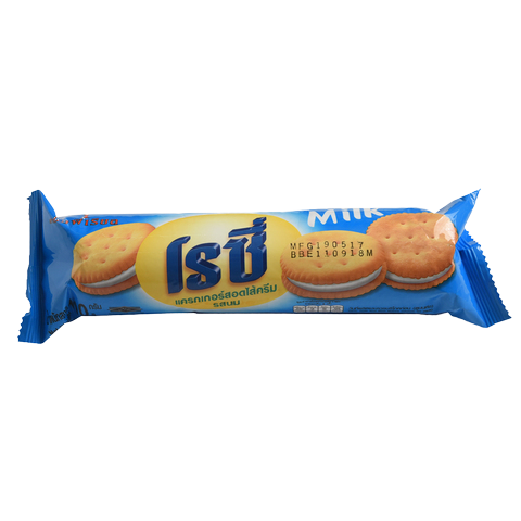 Rosy Milk Cream Sandwich Cracker, confectionery snack with creamy filling between crisp biscuit layers, shown in the image.