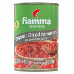 Cans of Fiamma Vesuviana organic diced tomatoes in organic tomato juice, ready for cooking or meal preparation.