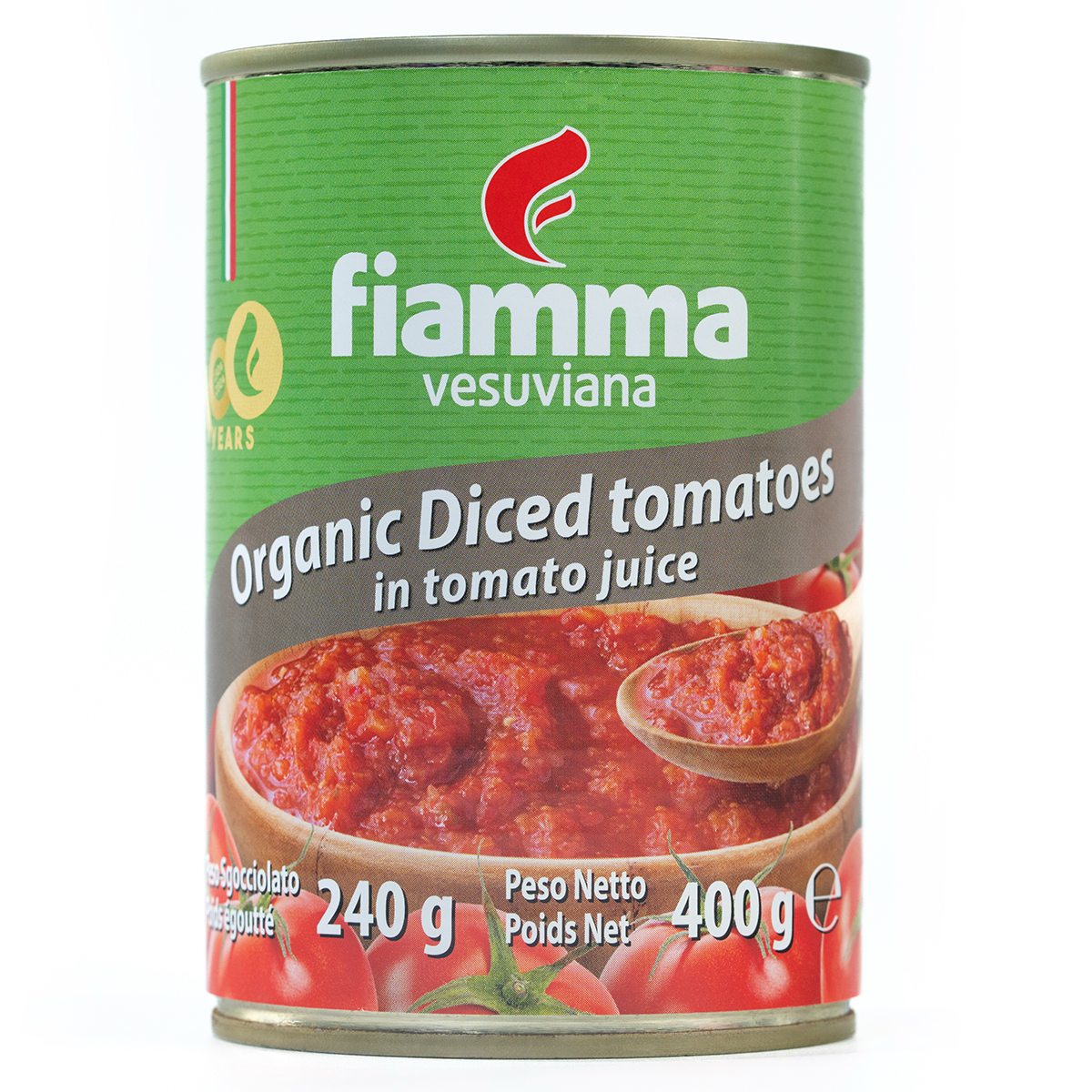 Cans of Fiamma Vesuviana organic diced tomatoes in organic tomato juice, ready for cooking or meal preparation.