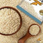 Flying Tiger large white sesame bin filled with 5kg of dry sesame seeds for baking and cooking.