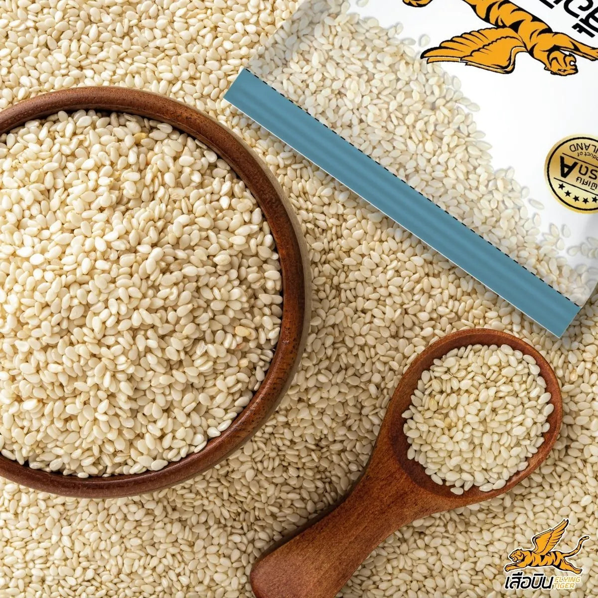 Flying Tiger large white sesame bin filled with 5kg of dry sesame seeds for baking and cooking.