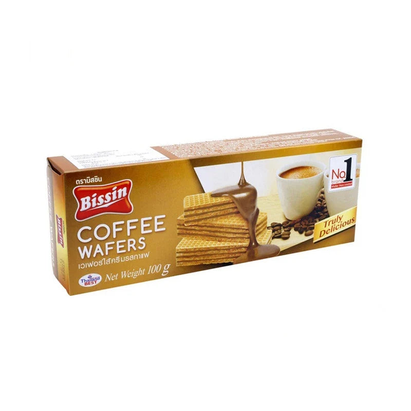 Bissin Coffee Wafers 100g package with crispy, layered coffee-flavored wafers in a sealed wrapper.