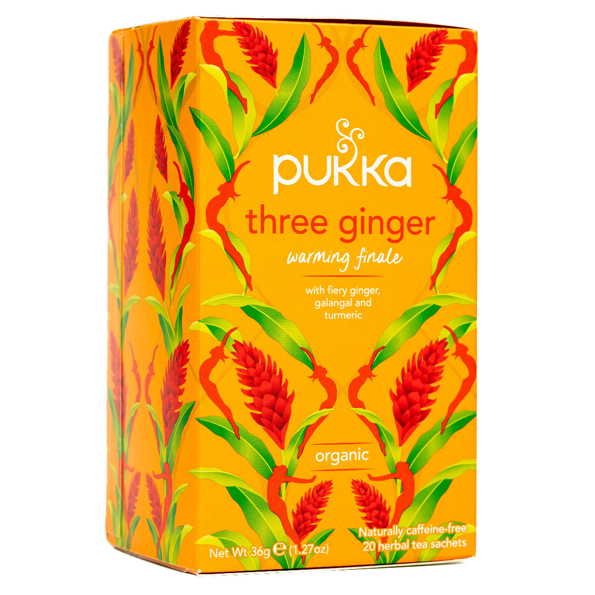 Pukka Three Ginger Tea Bags, caffeine-free herbal drink, displayed in a box with 20 tea bags, promoting healthy refreshment.